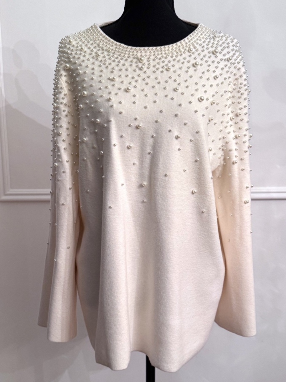 Chicos Sweater Sz 3 XL Ivory Faux Pearl Embellished Bell Sleeve Knit NWOT
